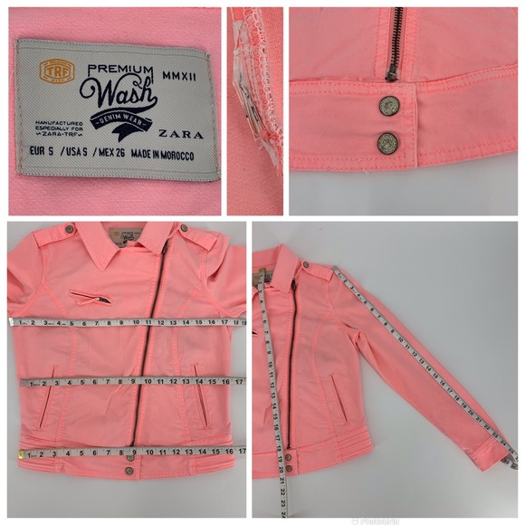 Zara TRF Premium Wash Salmon Pink Moto-Style Lightweight Denim Jacket, Small - Picture 16 of 16